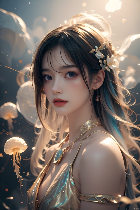  1girl,wearing Collectable Space Age Pearlescent Bracers, soft focus, Modern Art, （key light：1.2）,flower,jellyfish, Grayscale, glittering, runes,( Light streaks:1.3), （highly detailed：1.3）, 8K,jellyfishforest,,Fractal,smoke, cloud,Soaring through the clouds and mist, Colored hair,Colored smoke,moyou, Multidimensional diffraction paper