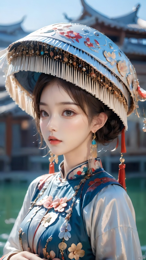 1girl,(Dynamic Pose:1.5),Chinese Yi ethnic clothing,Silver metal headwear, capelet, earrings, jewelry,A huge metal hat,Headwear metal tassels,Silver metal hat, lips, long sleeves, short hair, solo, water, wide sleeves, 1girl