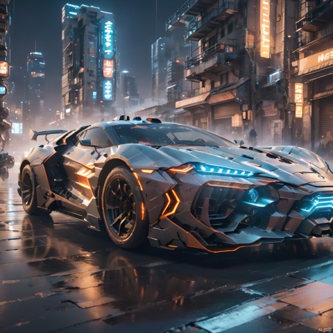 A super mecha combat vehicle, （sports car：1.5）, future technology, complex structure, luminous sports car, multi-light sports car, mecha structure, luminous headlights, line light on the car body, driving in the street, buildings, cities, ruins, smoke, depth of field, best quality, masterpiece, 8k., circuitboard