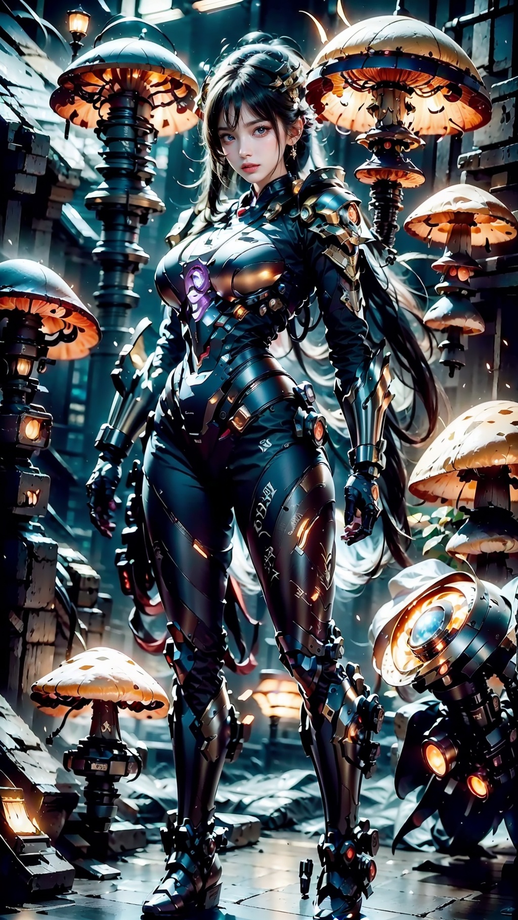 Zerg mecha (Queen), Mushroom Forest, mecha, armor, full body, mechanical arthropods, sharp armor, mushroom forest background, glowing mushrooms, shining mushrooms, multi mushrooms, gloves, complex armor, mecha, mechanical boots, standing, black long hair, sharp fingers, terrifying hand weapons, abnormal hands, mechanical spider legs behind, single ponytail, semi exposed thighs, ground, outdoor, blurry background, The purple glowing spot at the knee, 1girl, glow, cyberhanfu, mech
