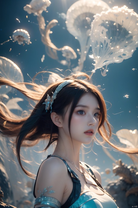  1girl,wearing Collectable Space Age Pearlescent Bracers, soft focus, Modern Art, （key light：1.2）,flower,jellyfish, Grayscale, glittering, runes,( Light streaks:1.3), （highly detailed：1.3）, 8K,jellyfishforest,,Fractal,smoke, cloud,Soaring through the clouds and mist, Colored hair,Colored smoke,moyou, Multidimensional diffraction paper, Coral Girl