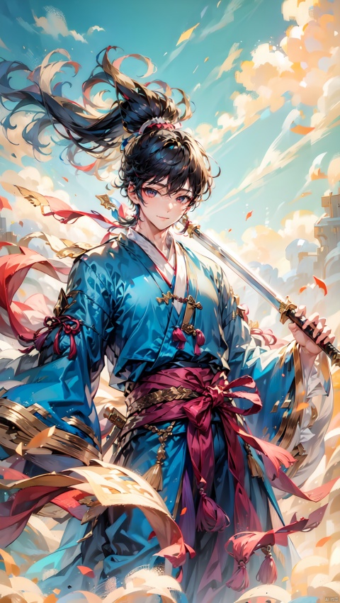  (1boy:1.5),Soaring through the clouds and mist,black hair,A large amount of fog,Standing on the Cloud,(Clouds covering the ground:1.5),levitate,No ground,cloud,cloudy sky,evening,gradient sky,high ponytail,holding sword,Massive Clouds,Holding a long stick,Red and blue clouds,Upper body,Hanfu,long hair,male focus,outdoors,ponytail,sky,smile,solo,sword,twilight,wide sleeves, 1 boy