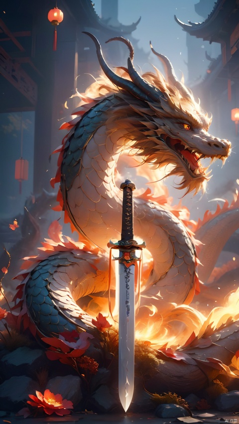 A magic sword locked by a chain, game RPG inventory sword icon, with a glowing dragon surrounding the sword in the background, the hilt has silver and black engraved runes, glowing, the blade is complete, slender, tall Resolution, detailed, high quality, 3D model, game assets, Chinese dragon pattern on the handle, solid color background, ultra-detailed, surreal style, 3D rendering Unreal Engine 5 style. to kostay, 1girl, Chinese dragon, glow