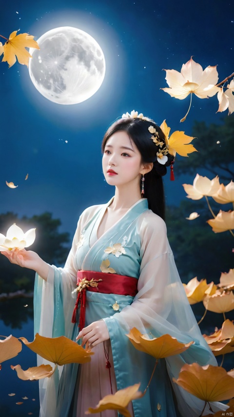 full moon,Normal size moon,moonlight,1girl,Girl's posture,black hair,cloud,dress,earrings,falling leaves,falling petals,flower,ginkgo leaf,Duo Lianhua Lian Ye,Close range,Looking at the camera,Headwear,Diagonal body,upper body,above buttocks,Holding a lotus flower in both hands,night,hanfu,holding,jewelry,leaf,leaves in wind,lips,maple leaf,night sky,outdoors,petals,rose petals,sky,solo,water,hand,