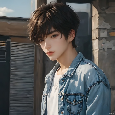 1boy,blurry background,brown eyes,denim,denim jacket,jacket,jeans,lips,standing,Short hair,outdoors,realistic,shirt,solo,standing,torn clothes,torn jeans,torn pants