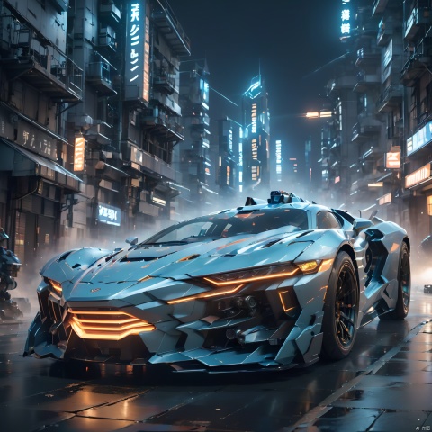  A super mecha combat vehicle, （sports car：1.5）, future technology, complex structure, luminous sports car, multi-light sports car, mecha structure, luminous headlights, line light on the car body, driving in the street, buildings, cities, ruins, smoke, depth of field, (best quality, masterpiece, 16k:1.5), circuitboard