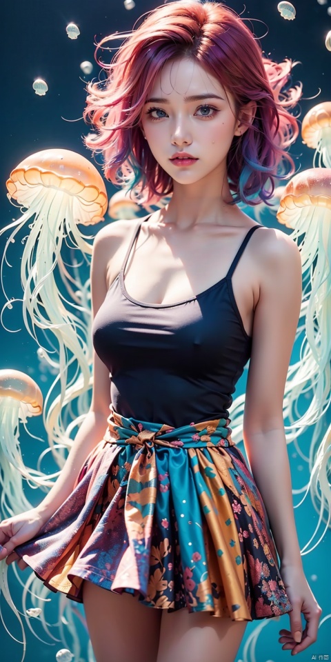 Colorful Girl, 1Girl,Colorful jellyfish, colorful jellyfish floating in the air,Close shot, large jellyfish on head, front, upper body, above thighs, blue tank top dress, complex fluid shaped colored short skirt at waist, off shoulder, colorful print, looking at the camera, colored gradient hair, dark gradient background, depth of field, glow, hand101, 1girl, 1 girl