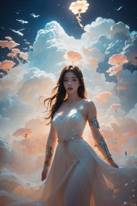  1girl,wearing Collectable Space Age Pearlescent Bracers, soft focus, Modern Art, key light, Grayscale, glittering, runes, Light streaks, highly detailed, 64K,jellyfishforest,,Fractal,smoke, cloud,Soaring through the clouds and mist