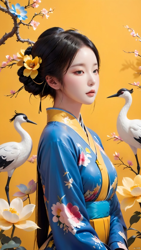 new chinese style,1girl,solo,closed eyes,black hair,hair bun,flower,bird,hair ornament,standing,blush,long sleeves,yellow background,crane (animal),double bun,blue flower,bangs,white flower, symmetrical composition,, masterpiece,best quality,very aesthetic,absurdres,