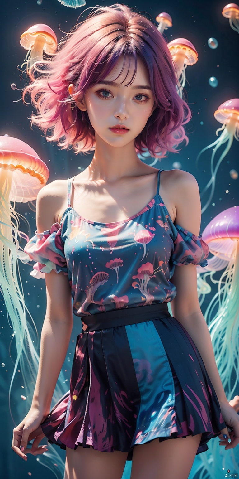  Colorful Girl, 1Girl,Colorful jellyfish, colorful jellyfish floating in the air,Close shot, large jellyfish on head, front, upper body, above thighs, blue tank top dress, complex fluid shaped colored short skirt at waist, off shoulder, colorful print, looking at the camera, colored gradient hair, dark gradient background, depth of field, glow, hand101