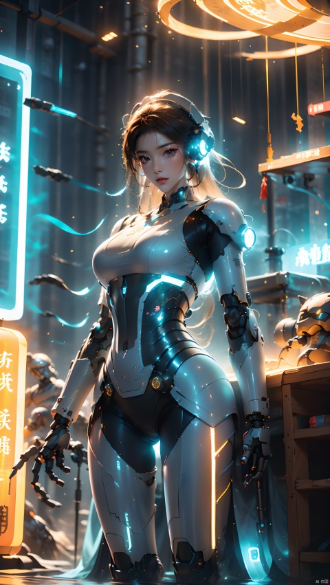  1girl,Dynamic pose,mechs,Mecha girl,White mech,Solo,Mechanical limb,droid,the detail,super detailing,(Huge robotic arm),（Huge mechanical fuselage）,（Huge mechanical legs）,super mecha,Long legs,Earphone,(shelmet),Glowing,inside in room,Masterpiece, Best quality,Joel Brier, Cinematic lighting, Professional lighting, solofocus,Sharp focus, cinematic shadow, robot, glow, Wen Dao Sheng Zun,Multi energy text,Energy pairing,Glowing Text,Transparent text,The Energy Behind Chinese Characters ,glow,Hazy light,Floodlight,Light effects,Optical particle,Luminous,High brightness contrast,1boy