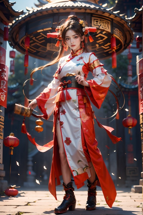 1girl,Chinese New Year,Welcoming Spring Girl,Spring welcome clothing,Hanfu,Chinese knot,full body,Hands akimbo,Red Theme,Red flower headwear,White clothing,front,Metal bell,Backward circular structure,ancient Chinese architecture,Red Lantern,Zhang Deng Jie Cai,Full of joy and joy,Spring Festival couplets,Ancient Chinese script,Brown eyes,Clothing printing