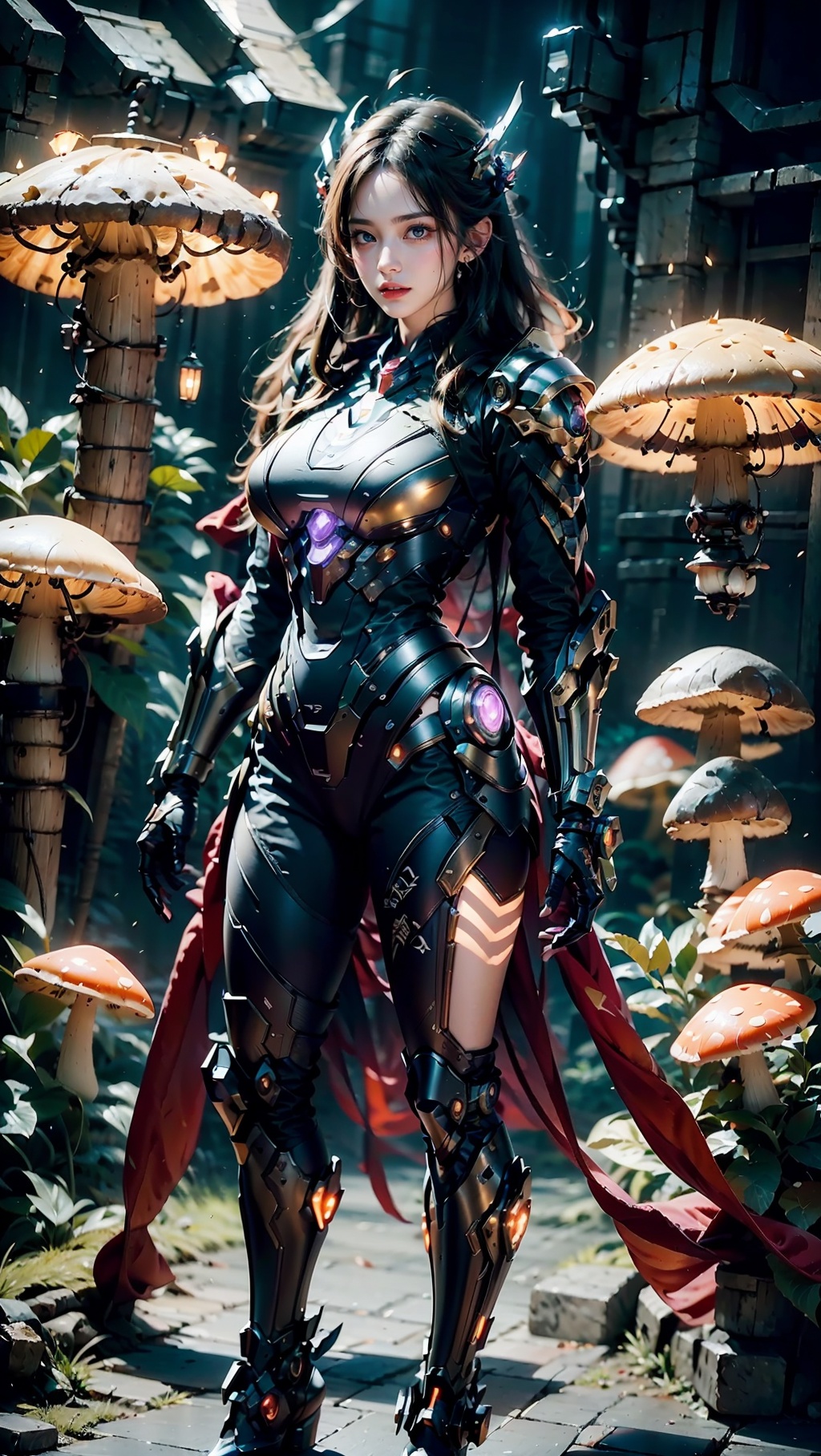 Zerg mecha (Queen), Mushroom Forest, mecha, armor, full body, mechanical arthropods, sharp armor, mushroom forest background, glowing mushrooms, shining mushrooms, multi mushrooms, gloves, complex armor, mecha, mechanical boots, standing, black long hair, sharp fingers, terrifying hand weapons, abnormal hands, mechanical spider legs behind, single ponytail, semi exposed thighs, ground, outdoor, blurry background, The purple glowing spot at the knee, 1girl, glow, cyberhanfu, mech