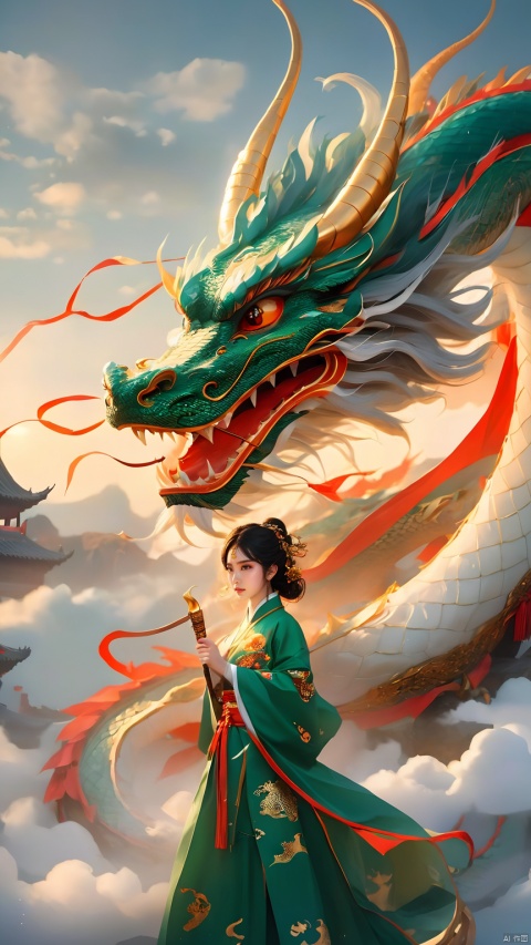 The girl and the Chinese dragon,Chinese dragon,1girl,black hair,cloud,Chinese Hanfu,squama ,The hair on the faucet,Ultimate details,Dragon horn,The graceful and winding dragon body,cloudy sky,dragon,Green Dragon,Looking at the camera,Oblique lateral body,The dragon's body coiled around the girl's side,Open the dragon's mouth,dragon horns,The camera looks up from below,eastern dragon,flower,glowing,horns,mountain,scales,sky,standing,sunset,teeth,twilight, Chinese dragon