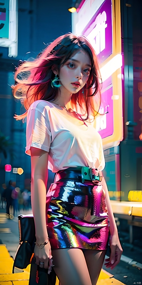 (best quality:1.3),(masterpiece:1.2),16k,Neon light background,Cyberpunk background,Cyberpunk,The lighting effect reflected by neon lights on the character's body,Neon lighting effect,1girl,belt,belt buckle,breasts,buckle,cleavage,collarbone,cowboy shot,lips,long hair,looking at viewer,medium breasts,night,parted lips,pink hair,realistic,shirt,short sleeves,solo,standing,