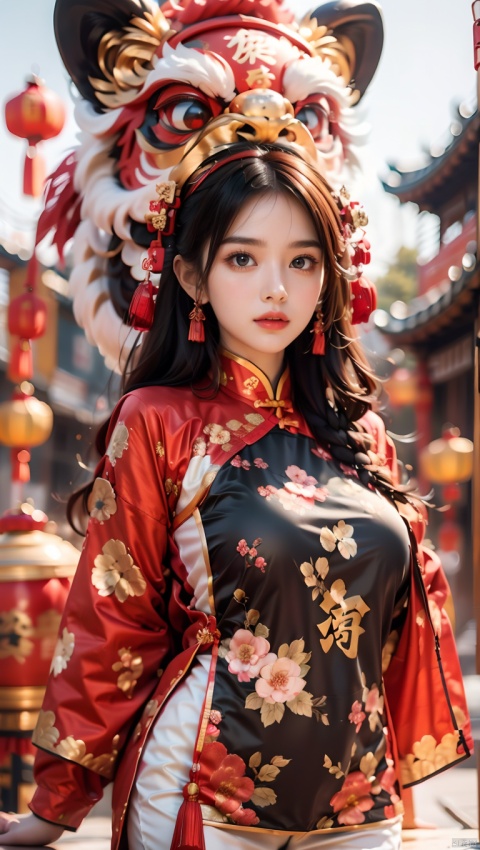  1girl,Chinese New Year,Welcoming Spring Girl,Spring welcome clothing,Hanfu,Chinese knot,Upper body,Red Theme,Red and white clothing,The dancing lion head on the head,Headwear,The metal mech behind it,Lion Dance,full body,ancient Chinese architecture,Red Lantern,Zhang Deng Jie Cai,Full of joy and joy,Spring Festival couplets,Ancient Chinese script,Brown eyes,Clothing printing, (\shi shi ru yi\)