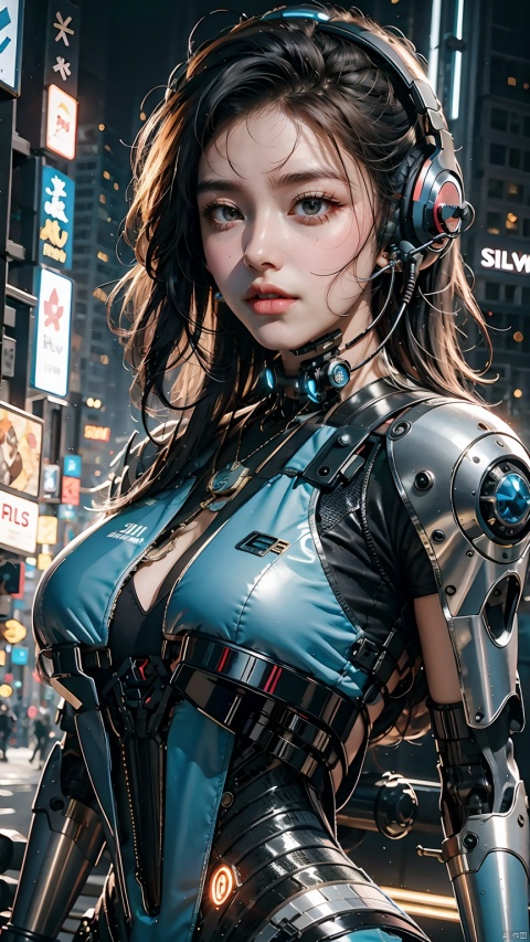 1girl,black hair,cyberpunk,headphones,headset,looking at viewer,open mouth,solo,Underarm exposed,The blue breastplate on the chest,Neck protection,Oblique side close-up,Luminous knob structure on the chest side,upper body,Mecha,Hard surface,Streamlined mecha,Realistic materials,Luminous earphones,night,Urban background,  skyscrapers, 1girl,Cyberpunk,Mechanical earphones