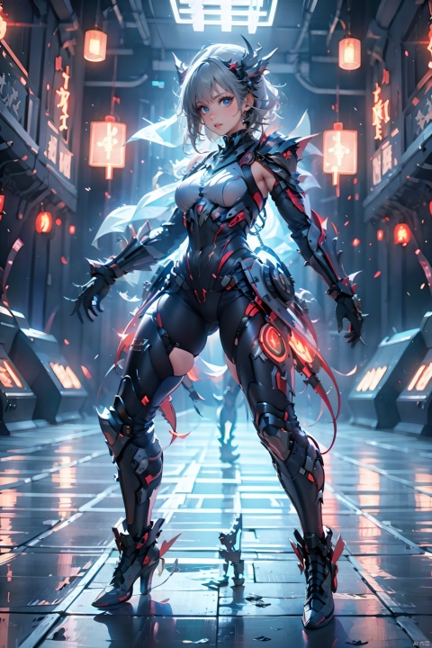  Zerg Mech (Queen),Armor,full body,Mechanical arthropods,Sharp armor,glove,Red and black armor,Sharp horns on the head,Sharp limb structures throughout the body,indoor,The metal barb structure on the shoulder armor,Micro lateral body,Complex armor,Calf mecha,Thigh mechanical,Mechanical boots,standing,ground,Gray hair, 1girl,Future Combat Suit
