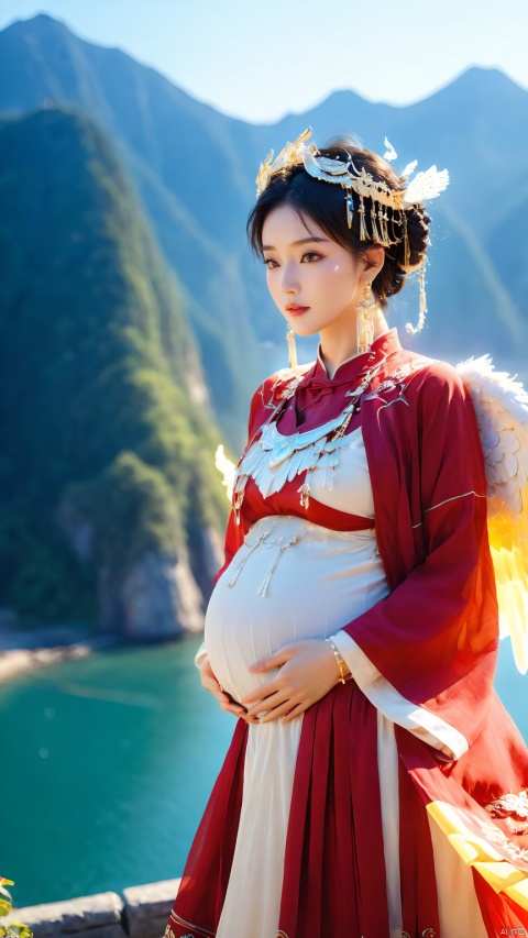  Best Quality, masterpiece, 16K, lifelike, cinematic quality, 1girl, Chinese Yi ethnic clothing,Silver metal headwear,Yi ethnic metal jewelry pregnant mother, pregnant belly, angel wings, red wings,upper body, above knee, black hair, blurry background, chinese clothing, ambient light, hazy light, glow, backlight, earrings, wings, Halo,  look at the camera, slant up, jewelry, big wings, low wings, sky, depth of field, clothing, earrings, jewelry, lips, mountains, ocean, outdoor, photo background, coast, sky,