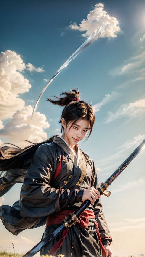  (1boy:1.5),（Soaring through the clouds and mist：1.5）,black hair,A large amount of fog,（Standing on the Cloud：1.5）,(Clouds covering the ground:1.5),levitate,No ground,cloud,cloudy sky,evening,gradient sky,high ponytail,holding sword,Massive Clouds,Holding a long stick,Red and blue clouds,Upper body,Hanfu,long hair,male focus,outdoors,ponytail,sky,smile,solo,sword,twilight,wide sleeves, 1 boy, mech