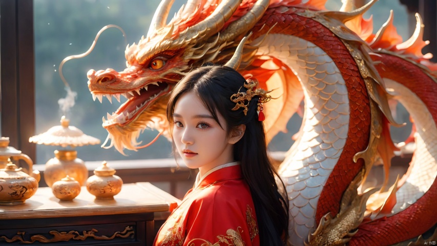  The girl and the Chinese dragon,Chinese dragon,1girl,black hair,Chinese Hanfu,dragon,squama ,The hair on the faucet,Ultimate details,Dragon horn,close-up,Wearing a red gold border Hanfu,Red Dragon Face,The dragon head is suspended on the girl's head,Silver Dragon,The girl leaned against the gilded stone table, sideways,Close range,Open the dragon's mouth,eastern dragon,jewelry,long hair,long sleeves,open mouth,orange eyes,scales,solo,standing,teeth, Chinese dragon, glow, 1girl
