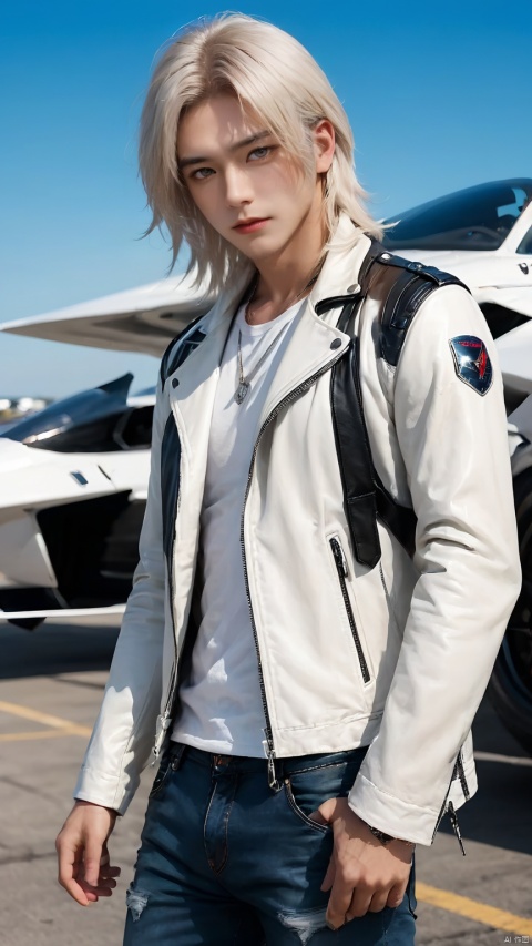 1boy, leather jacket, tight fitting T-shirt, ripped jeans, fashionable boots, white long hair, airplane head, bracelet, (supercar: 1.3), super mech tank, auto show