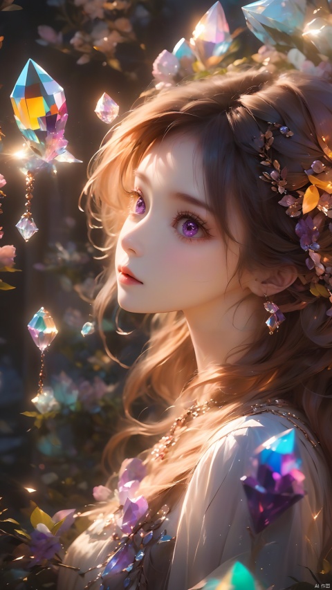 (masterpiece, best quali),1girl,long_amber_hair,amber_eyes, light gray and light beige, detailed, gentle and focused romanticism, overhead shot, dim flowers in the foreground, depth of field, Canon R6, bright soft ambient outdoor light, liuyifei,depressed,Crystal Girl, Colorful crystal decoration,Crystal necklace,Crystal on the body,Floating Colorful Crystal,Purple gradient hair,1girl, hand