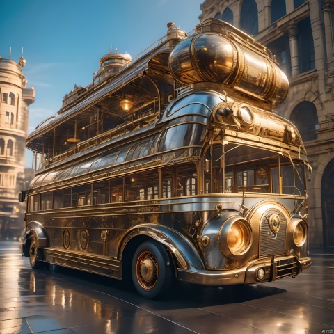 The best quality, masterpiece, steampunk, steampunk world, steampunk bus, steampunk architectural background, complex structure, super details, metallic texture, high reflection, ultra wide angle lens,
