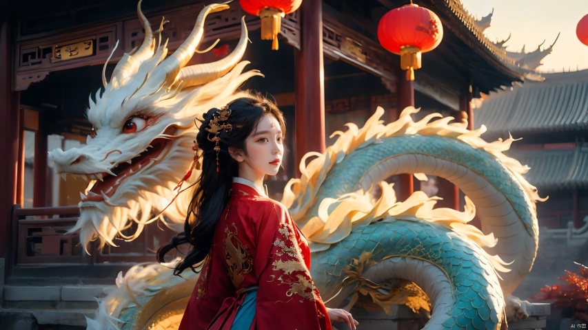 The girl and the Chinese dragon,Chinese dragon,1girl,autumn,autumn leaves,Chinese Hanfu,squama ,The hair on the faucet,Ultimate details,Dragon horn,The graceful and winding dragon body,campfire,chinese clothes,dragon,The girl stood in front of an ancient Chinese street, with her back to the camera and looking back, full body,The dragon's body approaches the girl,Blue Dragon,Complex Golden Crown,ancient Chinese architecture,Open the dragon's mouth,dragon horns,The camera looks up from below,east asian architecture,eastern dragon,horns,lantern,long hair,maple leaf,open mouth,paper lantern,red eyes,scales,teeth,very long hair, Chinese dragon, glow