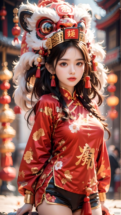  1girl,Chinese New Year,Welcoming Spring Girl,Spring welcome clothing,Hanfu,Chinese knot,Upper body,Red Theme,Red and white clothing,The dancing lion head on the head,Headwear,The metal mech behind it,Lion Dance,full body,ancient Chinese architecture,Red Lantern,Zhang Deng Jie Cai,Full of joy and joy,Spring Festival couplets,Ancient Chinese script,Brown eyes,Clothing printing, (\shi shi ru yi\)