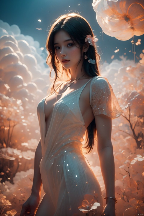  1girl,wearing Collectable Space Age Pearlescent Bracers, soft focus, Modern Art, （key light：1.2）,flower,jellyfish, Grayscale, glittering, runes,( Light streaks:1.3), （highly detailed：1.3）, 8K,jellyfishforest,,Fractal,smoke, cloud,Soaring through the clouds and mist, Colored hair