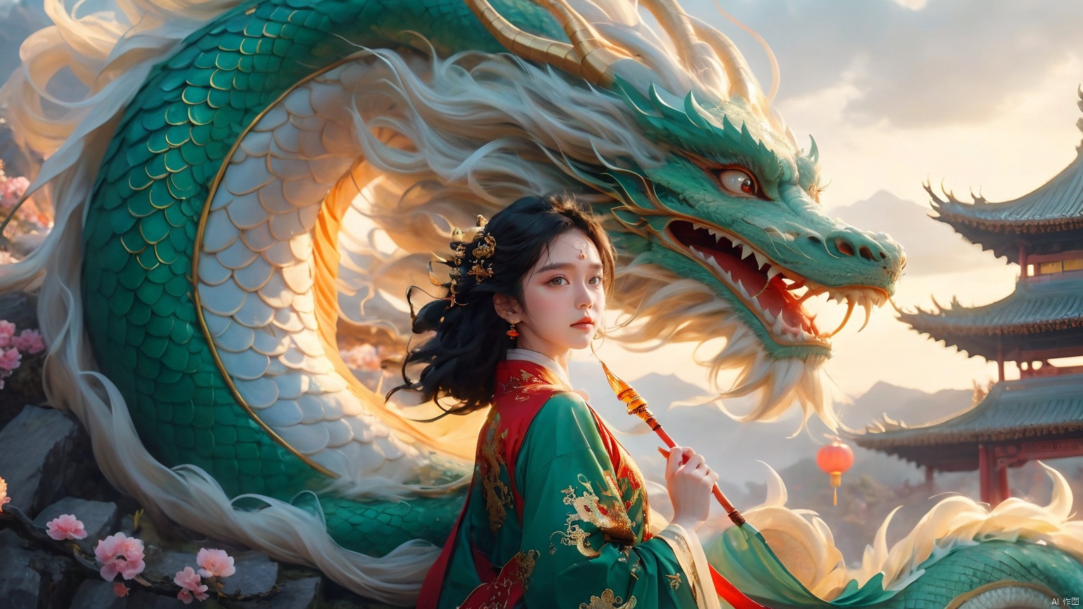 The girl and the Chinese dragon,Chinese dragon,1girl,black hair,cloud,Chinese Hanfu,squama ,The hair on the faucet,Ultimate details,Dragon horn,The graceful and winding dragon body,cloudy sky,dragon,Green Dragon,Looking at the camera,Oblique lateral body,The dragon's body coiled around the girl's side,Open the dragon's mouth,dragon horns,The camera looks up from below,eastern dragon,flower,glowing,horns,mountain,scales,sky,standing,sunset,teeth,twilight Chinese dragon, glow