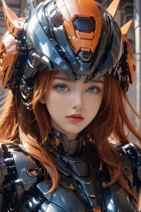  (masterpiece, best quality:1.2),1girl, blue eyes, bodysuit, breasts, helmet, lips, long hair, looking at viewer,Streamlined mecha,Complex helmet,Close fitting mecha,Smooth metal surface, machinery, mecha, open mouth, orange hair, realistic, red lips, science fiction, solo