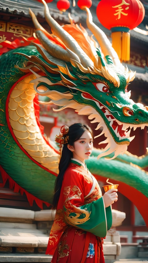 The girl and the Chinese dragon,Chinese dragon,1girl,black hair,Chinese Hanfu,dragon,squama ,The hair on the faucet,Ultimate details,close-up,Green Dragon,ancient Chinese architecture,The dragon head is suspended above the girl,The girl stood in front, with her upper body facing the camera, wearing a red dragon patterned Hanfu,Close range,Open the dragon's mouth,Dragon horn,The graceful and winding dragon body,dress,horns,jewelry,long hair,scales,smoke,teeth, Chinese dragon