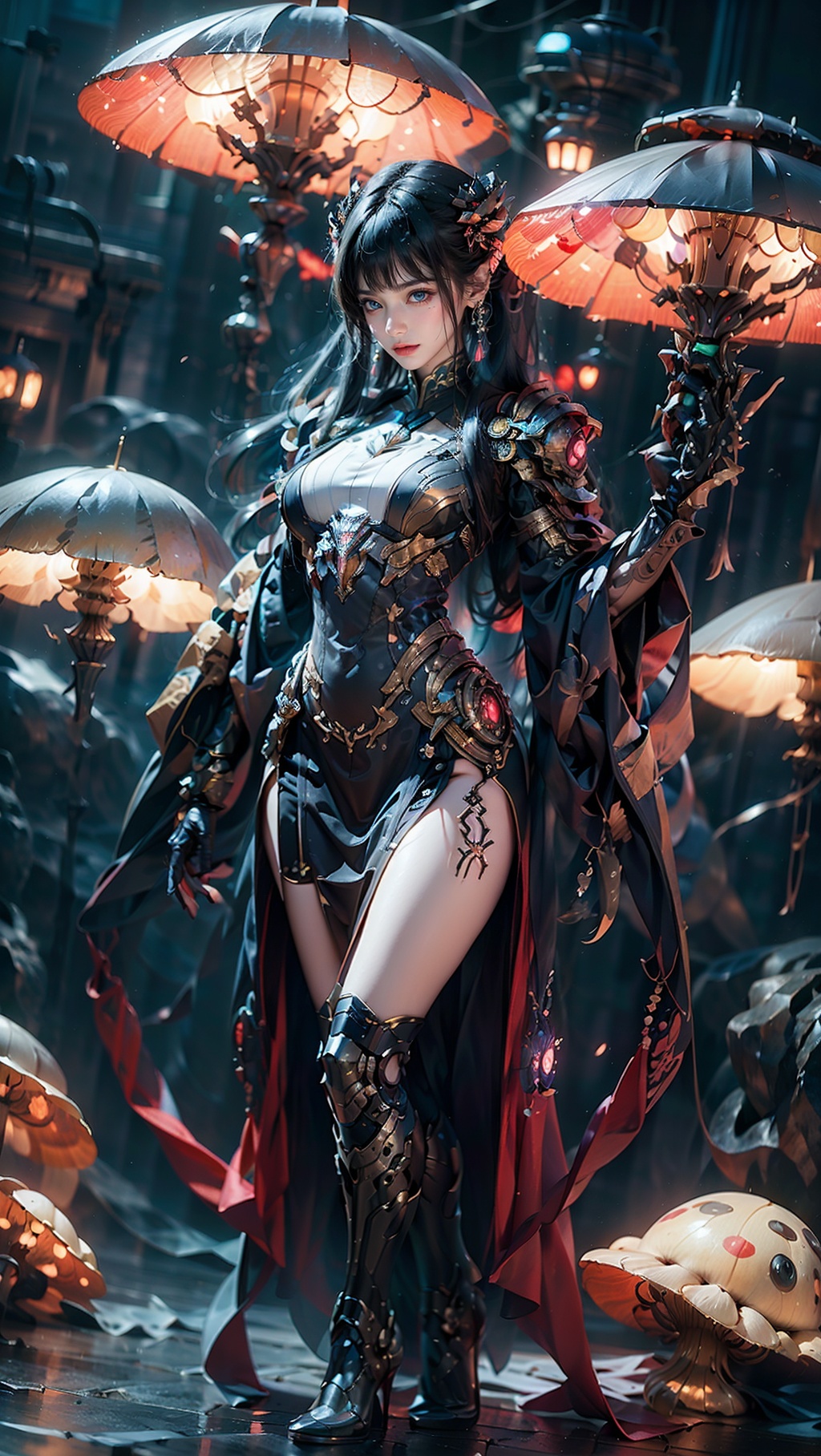 Zerg mecha (Queen), Mushroom Forest, mecha, armor, full body, mechanical arthropods, sharp armor, mushroom forest background, glowing mushrooms, shining mushrooms, multi mushrooms, gloves, complex armor, mecha, mechanical boots, standing, black long hair, sharp fingers, terrifying hand weapons, abnormal hands, mechanical spider legs behind, single ponytail, semi exposed thighs, ground, outdoor, blurry background, The purple glowing spot at the knee, 1girl, glow, cyberhanfu