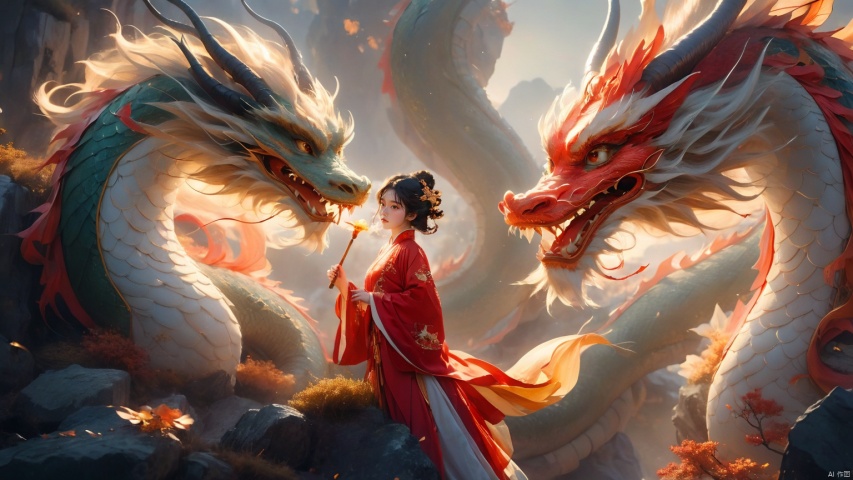 The girl and the Chinese dragon,Chinese dragon,1girl,autumn,autumn leaves,Chinese Hanfu,squama ,The hair on the faucet,Ultimate details,Dragon horn,The graceful and winding dragon body,black hair,campfire,cloud,The girl stood on the dragon's body, leaning sideways, with rocks blocking her feet,The dragon head is suspended above the girl,Mid to close range,Red Dragon,dragon,Open the dragon's mouth,The camera looks up from below,dragon horns,eastern dragon,evening,gradient sky,horns,long hair,scales,sky,smoke,sun,sunset,teeth,twilight, Chinese dragon, glow