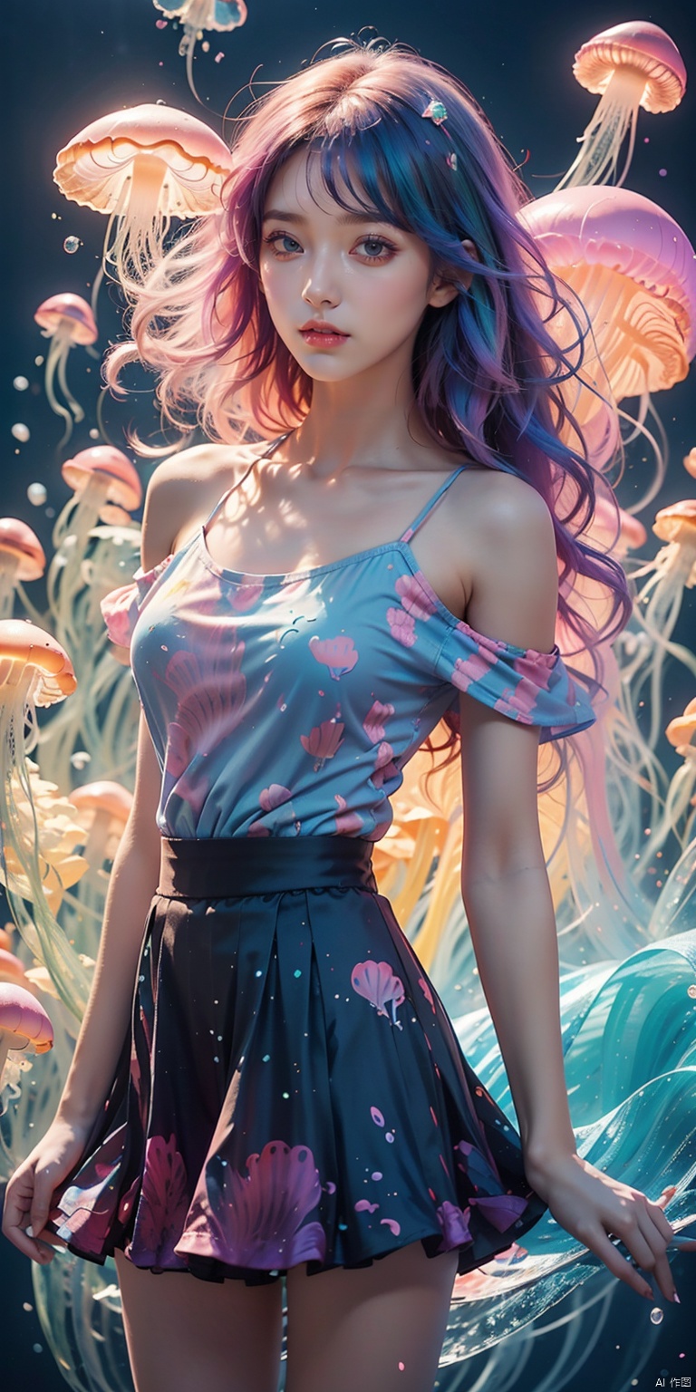  Colorful Girl, 1Girl,Colorful jellyfish, colorful jellyfish floating in the air,Close shot, large jellyfish on head, front, upper body, above thighs, blue tank top dress, complex fluid shaped colored short skirt at waist, off shoulder, colorful print, looking at the camera, colored gradient hair, dark gradient background, depth of field, glow, hand101