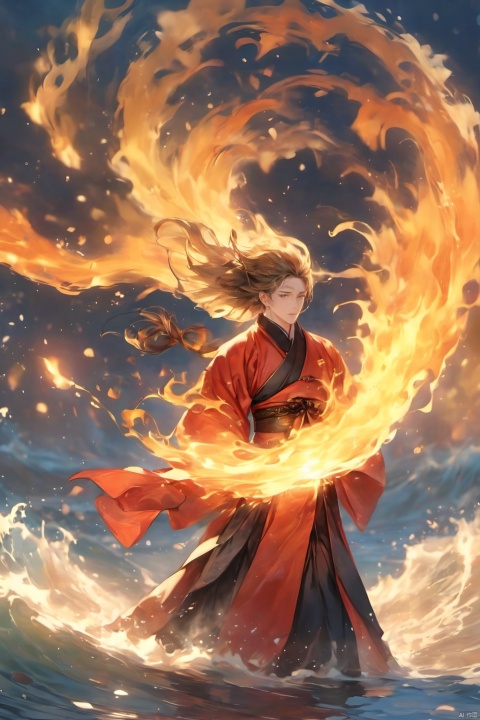 1 boy, upper body, dynamic pose, hanbok,  burning hair, shut up, evening, fire, fire, floating hair, liquid, flowing water, water magic, liquid fire, long hair, looking at the audience, ocean, partially submerged, ripples, solo, water, droplets, waves, moisture