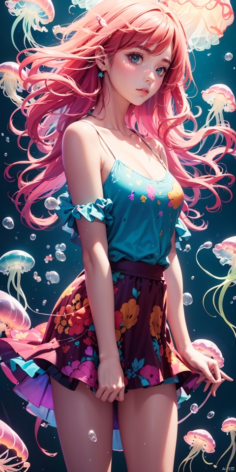 Colorful Girl, 1Girl,Colorful jellyfish, colorful jellyfish floating in the air,Close shot, large jellyfish on head, front, upper body, above thighs, blue tank top dress, complex fluid shaped colored short skirt at waist, off shoulder, colorful print, looking at the camera, colored gradient hair, dark gradient background, depth of field, glow, hand101, 1girl