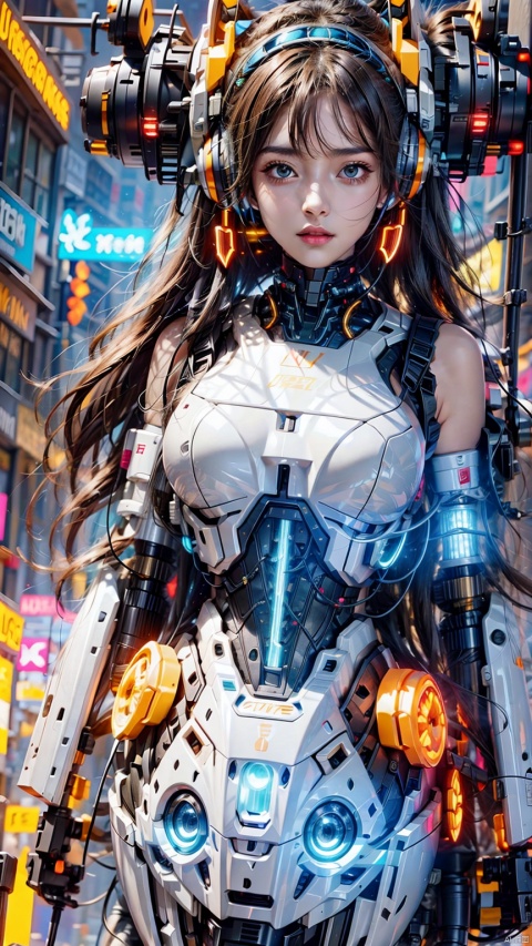 1girl, brown eyes, glowing, looking at the audience, multi light source headphones, huge mechanical headphones. Super complex headphone helmet with front illuminated camera structure. Complex structure mecha helmet,Multi earpiece structure, mechanical structure extending upwards on both sides of the head, shoulder mecha, complex metal mecha on the shoulders, complex mechanical structure neck guard, complex mechanical microphone, complex mechanical collar, luminous metal neck guard, full body mecha, multi light source mecha, realistic, black hair, science fiction, single person, close-up, oblique body, full body multi line light, realistic materials, simple background
