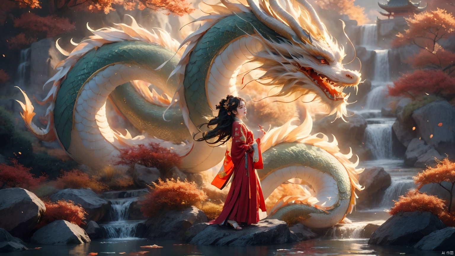 The girl and the Chinese dragon,Chinese dragon,1girl,autumn,autumn leaves,Chinese Hanfu,squama ,The hair on the faucet,Ultimate details,Dragon horn,The graceful and winding dragon body,black hair,dragon,Shuitan,dragon horns,The girl stood on a stone by the pool, leaning sideways, appearing small and full body,eastern dragon,horns,long hair,rock,scales,splashing,standing,very long hair,wading,water,waterfall, Chinese dragon, glow