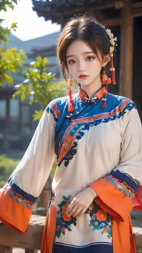  1girl,(Dynamic Pose:1.5),Chinese Yi ethnic clothing,A Yi girl wears a colorful double-breasted blouse with a delicate embroidered pattern on the hem of her dress and a beautifully hand-woven wreath, 1girl