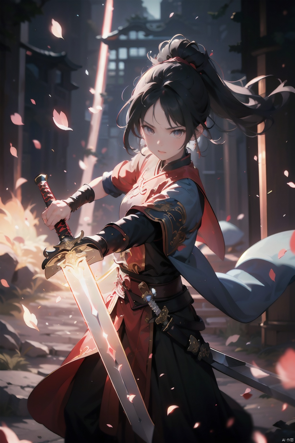  1girl,black hair,energy sword,glint,glowing sword,Unsheathed sword,solo,red Hanfu,Grasp the hilt with your hand,Brave and spirited,sword-dance,holding sword,looking at viewer,petals,solo,standing, 1boy, glow