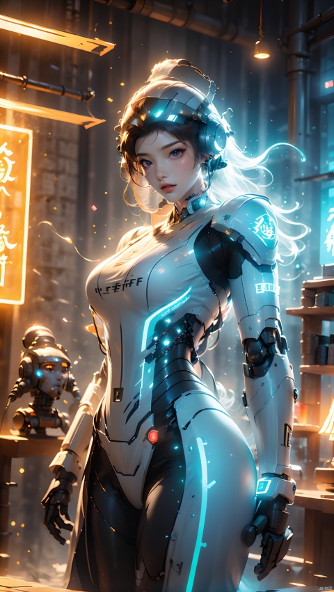  1girl,Dynamic pose,mechs,Mecha girl,White mech,Solo,Mechanical limb,droid,the detail,super detailing,(Huge robotic arm),（Huge mechanical fuselage）,（Huge mechanical legs）,super mecha,Long legs,Earphone,(shelmet:1.5),Glowing,inside in room,Masterpiece, Best quality,Joel Brier, Cinematic lighting, Professional lighting, solofocus,Sharp focus, cinematic shadow, robot, glow, Wen Dao Sheng Zun,Multi energy text,Energy pairing,Glowing Text,Transparent text,The Energy Behind Chinese Characters ,glow,Hazy light,Floodlight,Light effects,Optical particle,Luminous,High brightness contrast,1boy