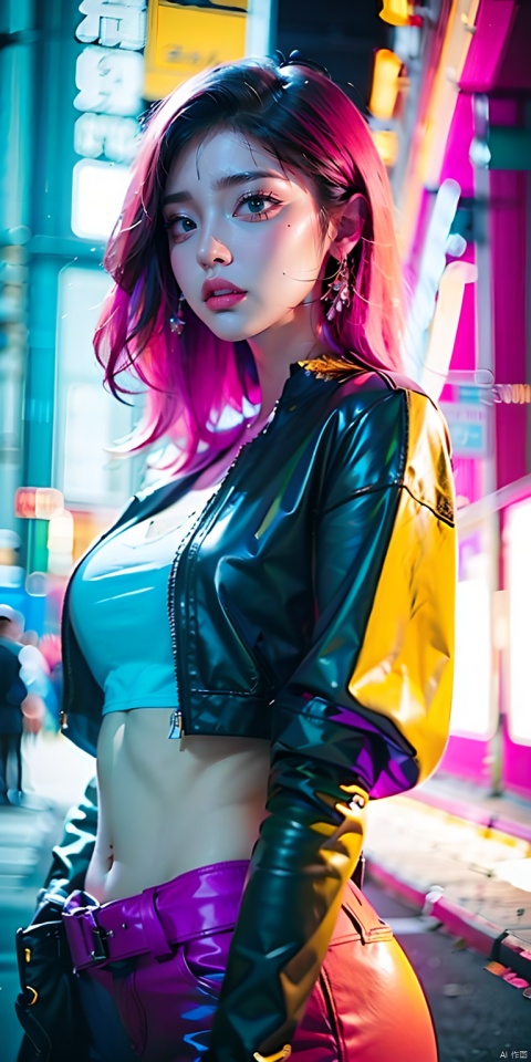 (best quality:1.3),(masterpiece:1.2),16k,Neon light background,Cyberpunk background,Cyberpunk,The lighting effect reflected by neon lights on the character's body,Neon lighting effect,Neon Line Light,1girl,night,belt,blurry background,breasts,brown eyes,Upper body, oblique body, above buttocks,depth of field,jacket,lips,long sleeves,looking at viewer,makeup,midriff,navel,neon lights,nose,parted lips,pink hair,solo