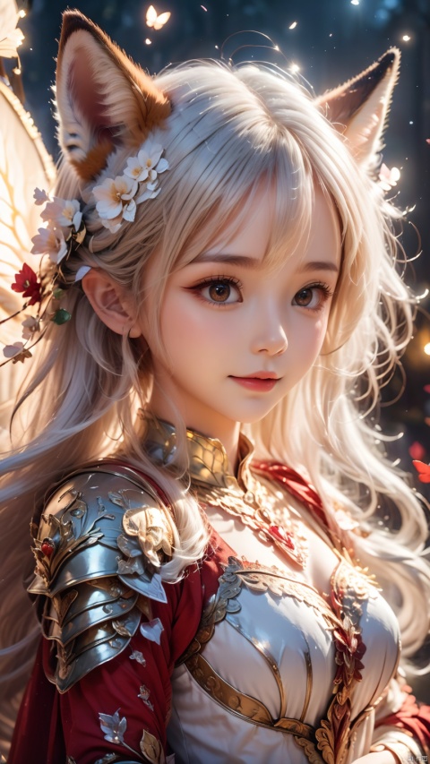 1girl, fox_tail, tail, animal_ears, fox_ears, fox_girl,long white hair, red eyes, furry ears,happy smile,(silver white knight armor:1.2),little breasts ,cute,young child,toddler,Sending Love with Eyes,Full body diagram,intricate details, extremely detailed, incredible details, full colored, complex details, insanely detailed and intricate, extremely detailed with rich colors. masterpiece, best quality, aerial view, HDR, UHD, unreal engine, Representative, fair skin, beautiful face, Rich in details High quality, gorgeous, glamorous, 8k, super detail, detailed decoration, detailed lines,lying on the table and looking up at the viewer