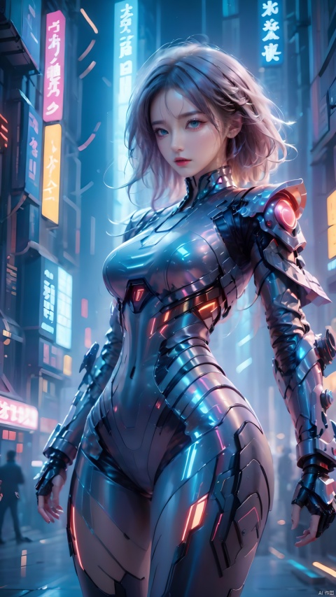  1girl,Dynamic Pose, girl pose,Future style gel coat,Future Combat Suit,armor,blurry background,bodysuit,breasts,building,Glowing Clothing,Shoulder mecha,Oblique lateral body,Above the knee,Grey gel coat,Upper body,Clothing with multiple light sources,city,cowboy shot,cyberpunk,depth of field,looking at viewer,medium breasts,realistic,science fiction,solo,standing, Arien view,A cyberpunk girl