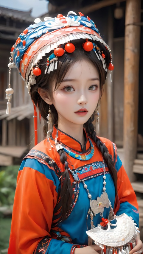  1girl,(Dynamic Pose:1.5),Chinese Yi ethnic clothing,Silver metal headwear,Yi ethnic metal jewelry,A girl of the Yi ethnic group wears a Yi costume and holds a Yi people handicraft. Her eyes sparkle with wisdom and independence as she is surrounded by ethnic villages