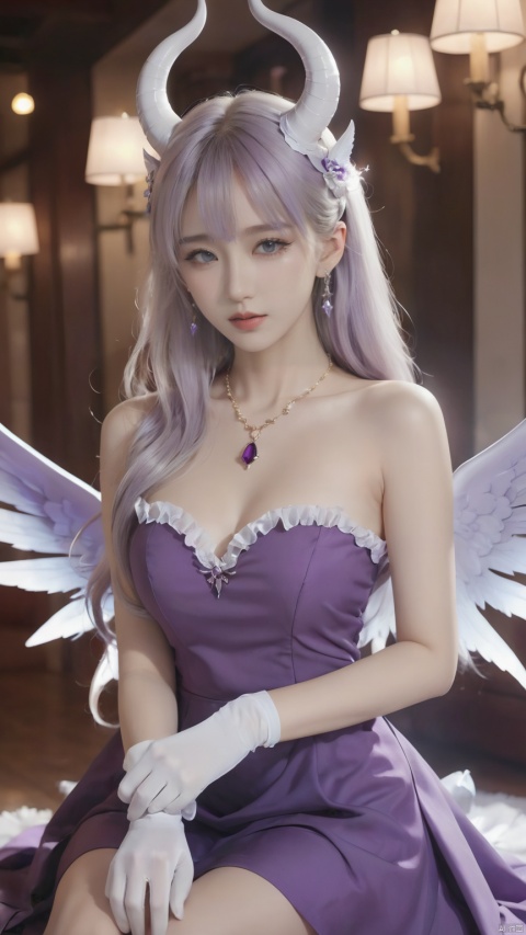 1girl,(masterpiece:1.3),( beautiful:1.2),(high quality:1.2),(finely detailed:1.2),extremely detailed CG unity 8k wallpaper,best quality,a very delicate and beautiful,perfect fingers,(one cute girl at the center:1.2), gloves, dress, bare shoulders, jewelry, pantyhose, earrings, frills, elbow gloves, necklace, petals, strapless, frilled dress, strapless dress, purple dress, purple gloves, hinaDress,hinaBA, long hair, bangs,hair ornament, very long hair, purple eyes,ahoge, white hair,wings, horns,hairclip,parted bangs, halo,demon girl, demon horns, forehead,demon wings, low wings, multiple horns, hina\(bluearchive\), glow