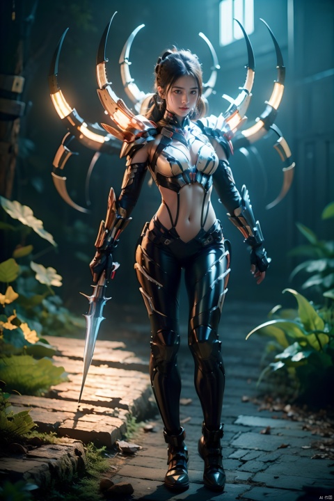  Zerg Mech (Queen),Armor,full body,Mechanical arthropods,Sharp armor,glove,Complex armor,Calf mecha,standing,Holding a glowing weapon in his hand,ground,Blur background,Tight fitting clothing,Navel,Half exposed chest,The cow horn mecha structure on the shoulder armor,The mechanical spider legs behind it,Black longhair,机械耳机, glow, 1girl,